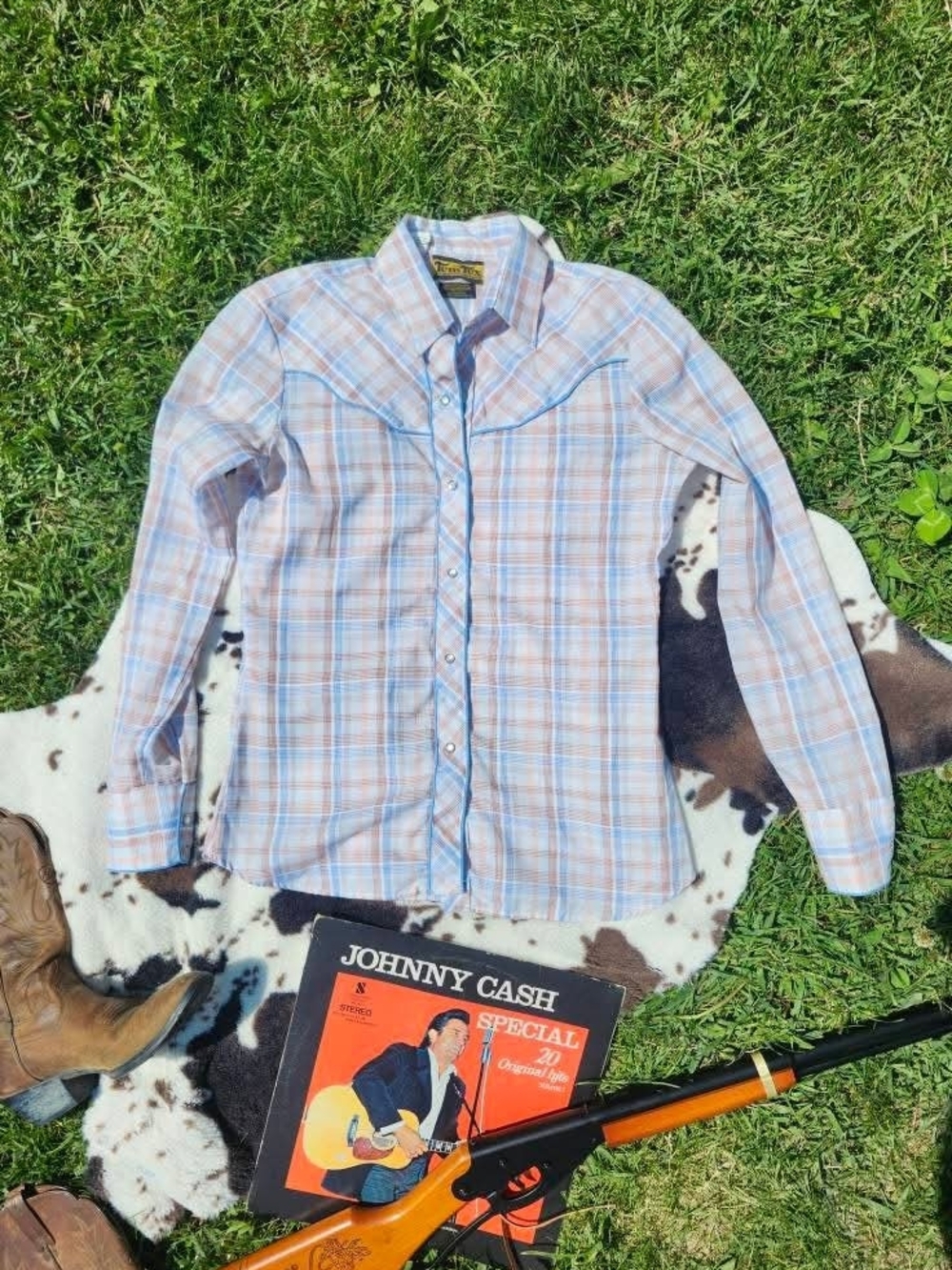 Classic Western Plaid Snap-Front Shirt - Light Blue & Tan Size SMALL